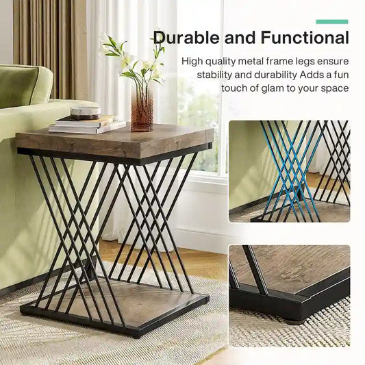 19.75 Inch Faux Marble Square End Table, Modern Bedside Tables, Gold Accent Table Living Room