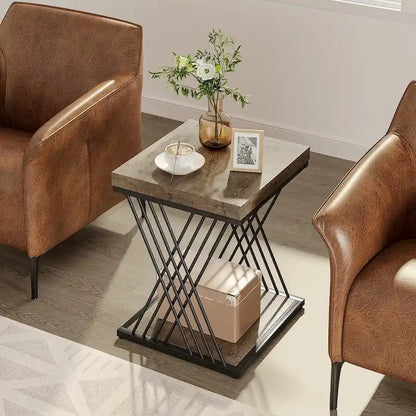 19.75 Inch Faux Marble Square End Table, Modern Bedside Tables, Gold Accent Table Living Room