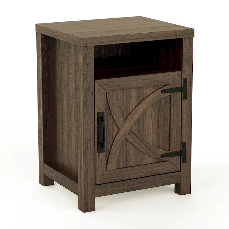Walnut Barn Door Sofa End Table Nightstand Bedside Table with Storage Shelf