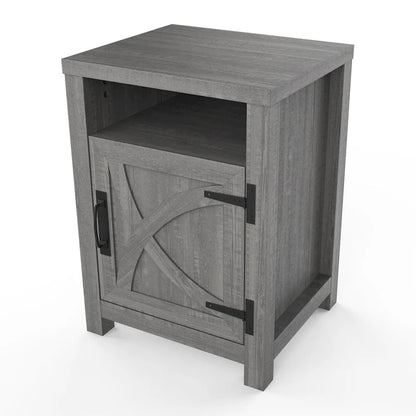 Walnut Barn Door Sofa End Table Nightstand Bedside Table with Storage Shelf