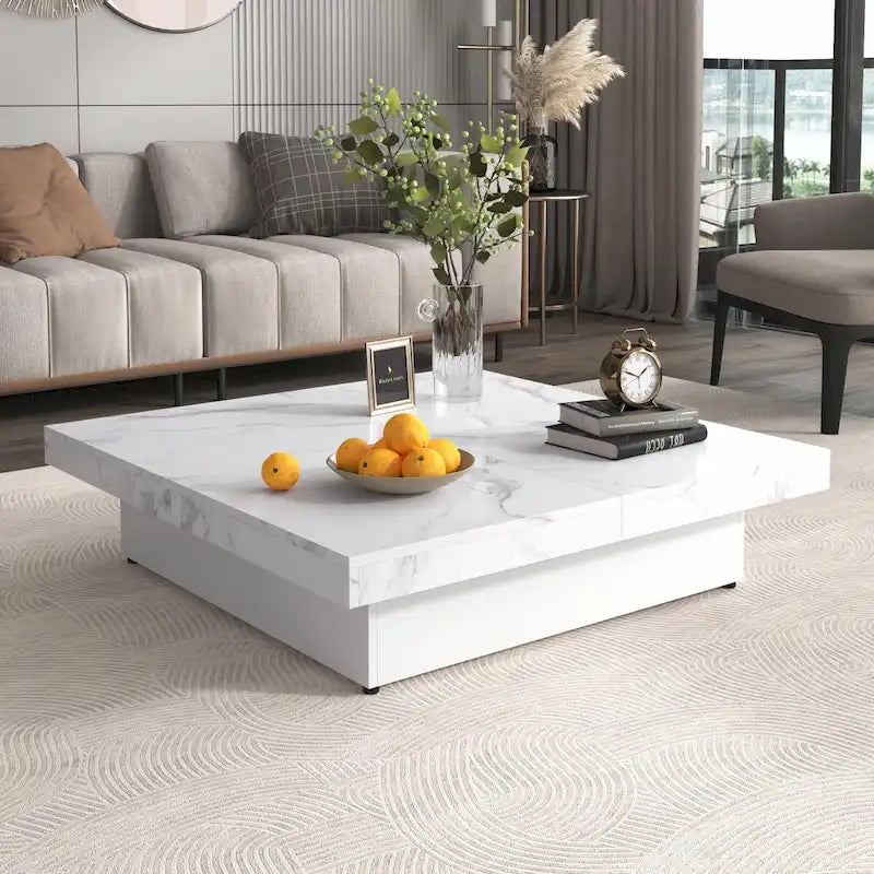 39.4 Square Marble Veneer Coffee Table with Sliding Top Storage