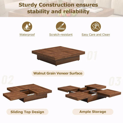 39.4 Square Marble Veneer Coffee Table with Sliding Top Storage