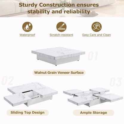 39.4 Square Marble Veneer Coffee Table with Sliding Top Storage