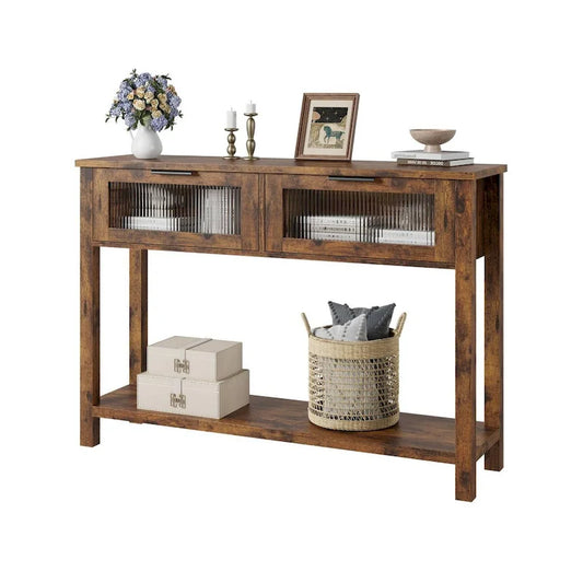 Wood Entryway Table, Console Table with 2 Glass Drawers
