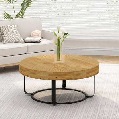 Modern Round Coffee Table Wooden Carving Pattern Coffee Table with Metal Legs