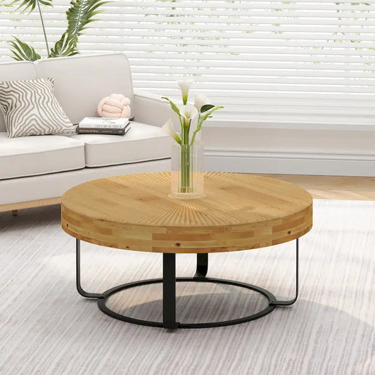 Modern Round Coffee Table Wooden Carving Pattern Coffee Table with Metal Legs