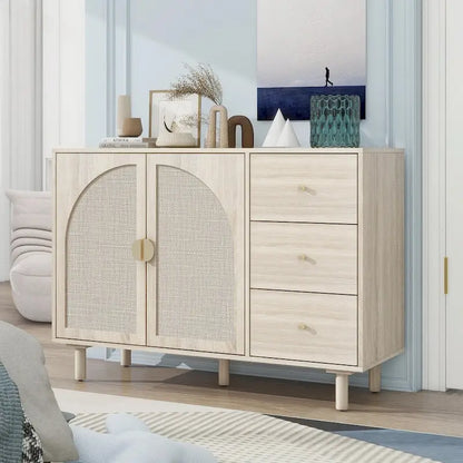 2 Doors Rattan Storage Cabinet with Adjustable Shelves and 3 Drawers