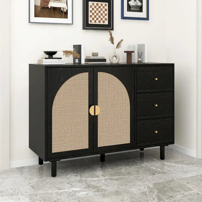 2 Doors Rattan Storage Cabinet with Adjustable Shelves and 3 Drawers