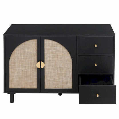 2 Doors Rattan Storage Cabinet with Adjustable Shelves and 3 Drawers