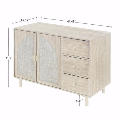 2 Doors Rattan Storage Cabinet with Adjustable Shelves and 3 Drawers