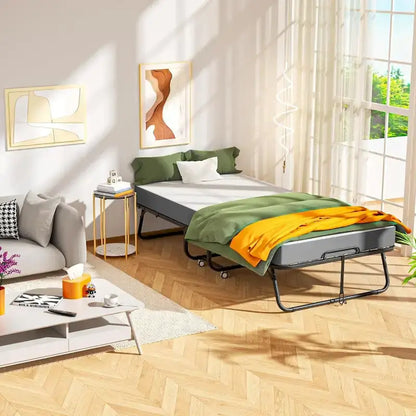 Roll away Space-Saving Sturdy Metal Frame Folding Guest Bed with 5 Thick Mattress