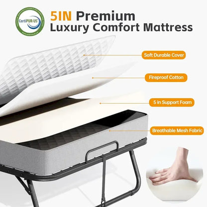 Roll away Space-Saving Sturdy Metal Frame Folding Guest Bed with 5 Thick Mattress