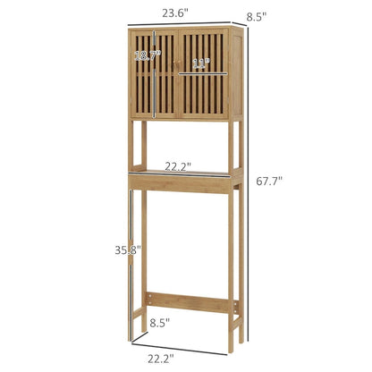HOMCOM Bamboo Over the Toilet Storage Cabinet, Over Toilet Bathroom Organizer with Slatted Doors, Adjustable Shelf