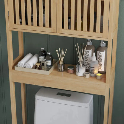 HOMCOM Bamboo Over the Toilet Storage Cabinet, Over Toilet Bathroom Organizer with Slatted Doors, Adjustable Shelf
