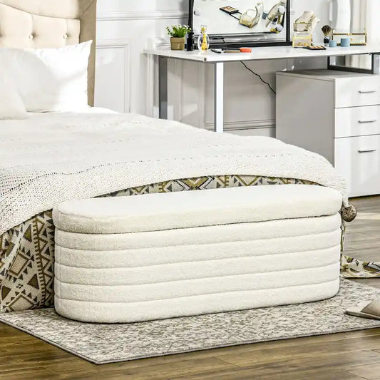 HOMCOM 46 Storage Ottoman Bench, Teddy Fleece Upholstered Boucle Storage Bench with Wood Frame, Bedroom Bench for Living Room