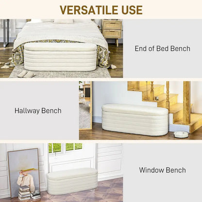 HOMCOM 46 Storage Ottoman Bench, Teddy Fleece Upholstered Boucle Storage Bench with Wood Frame, Bedroom Bench for Living Room