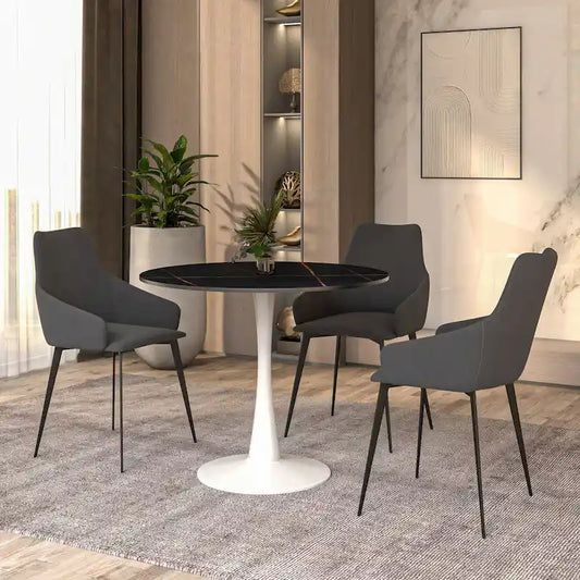 Bristol Round Dining Table for 4, 35 Sintered Stone Tabletop with White Stainless Steel Pedestal Base