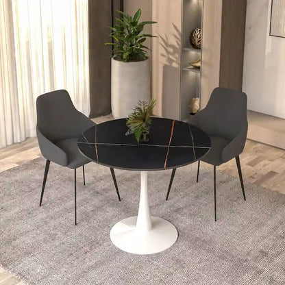 Bristol Round Dining Table for 4, 35 Sintered Stone Tabletop with White Stainless Steel Pedestal Base