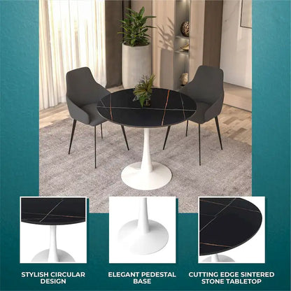 Bristol Round Dining Table for 4, 35 Sintered Stone Tabletop with White Stainless Steel Pedestal Base