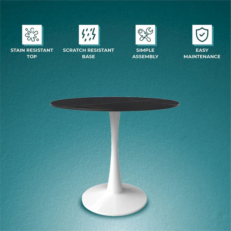 Bristol Round Dining Table for 4, 35 Sintered Stone Tabletop with White Stainless Steel Pedestal Base