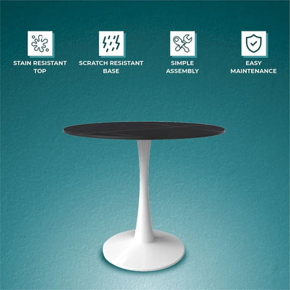 Bristol Round Dining Table for 4, 35 Sintered Stone Tabletop with White Stainless Steel Pedestal Base