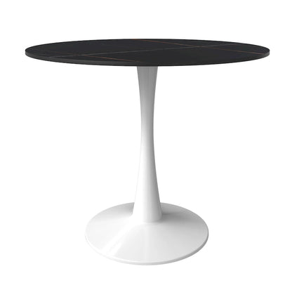 Bristol Round Dining Table for 4, 35 Sintered Stone Tabletop with White Stainless Steel Pedestal Base