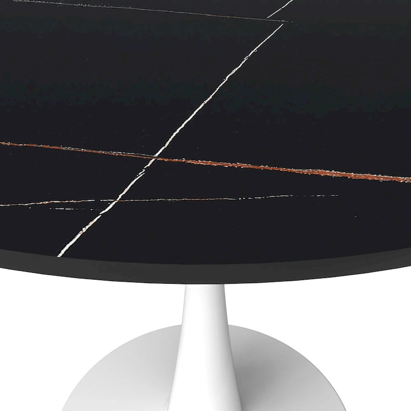 Bristol Round Dining Table for 4, 35 Sintered Stone Tabletop with White Stainless Steel Pedestal Base