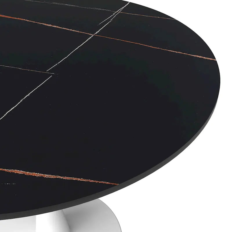 Bristol Round Dining Table for 4, 35 Sintered Stone Tabletop with White Stainless Steel Pedestal Base