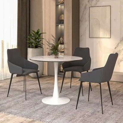 Bristol Round Dining Table for 4, 35 Sintered Stone Tabletop with White Stainless Steel Pedestal Base