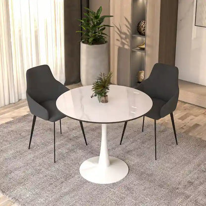 Bristol Round Dining Table for 4, 35 Sintered Stone Tabletop with White Stainless Steel Pedestal Base