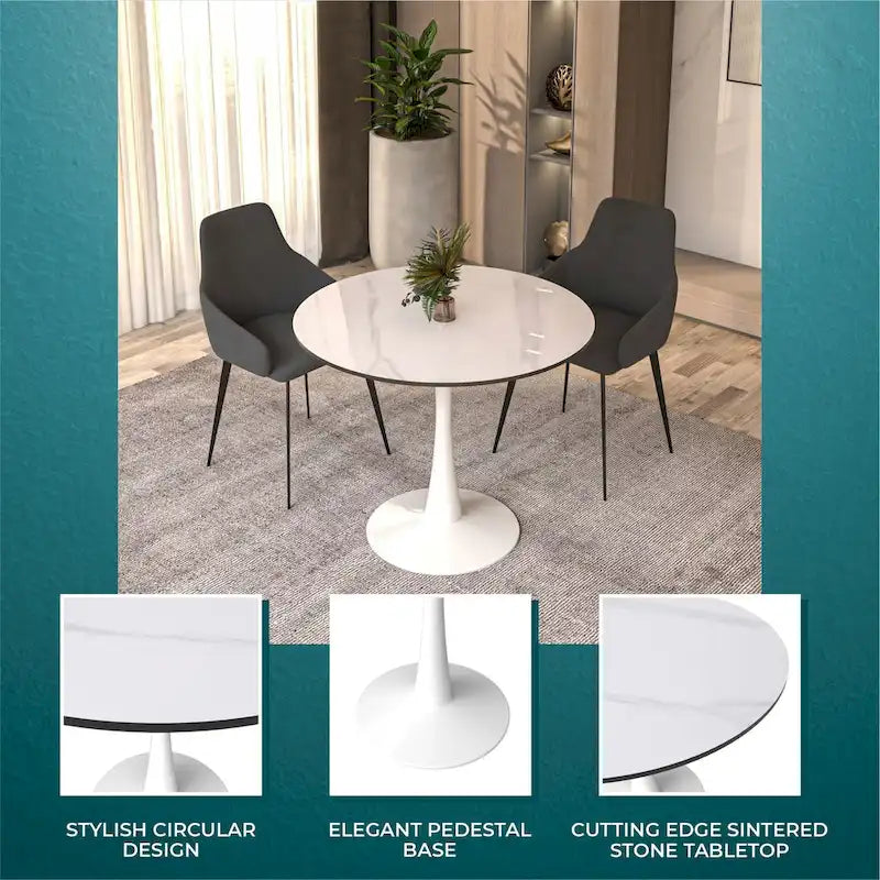 Bristol Round Dining Table for 4, 35 Sintered Stone Tabletop with White Stainless Steel Pedestal Base