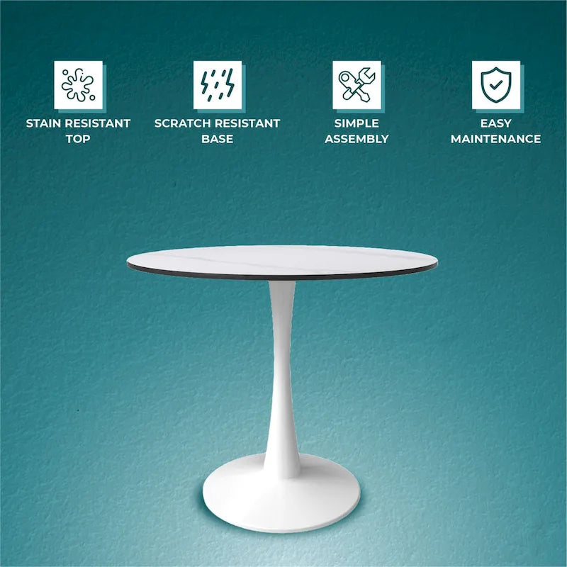 Bristol Round Dining Table for 4, 35 Sintered Stone Tabletop with White Stainless Steel Pedestal Base