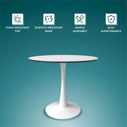 Bristol Round Dining Table for 4, 35 Sintered Stone Tabletop with White Stainless Steel Pedestal Base