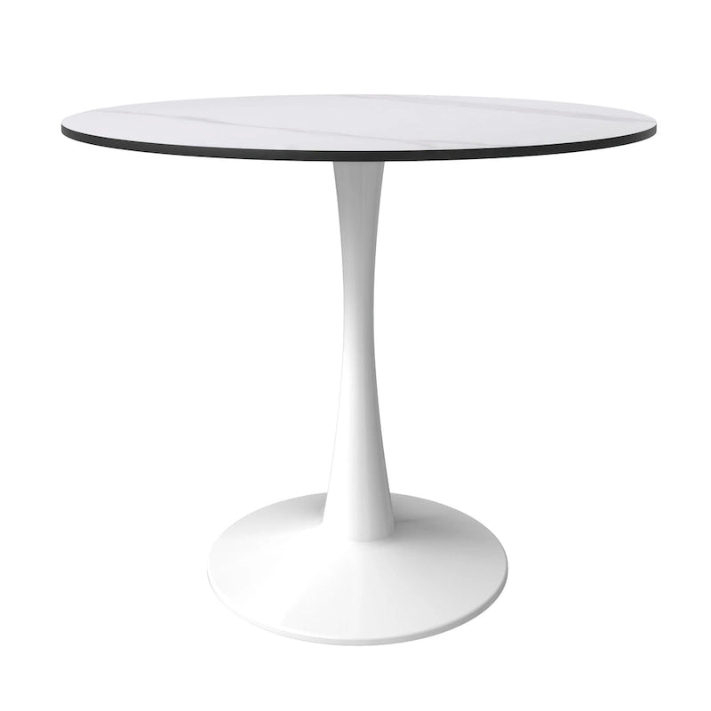 Bristol Round Dining Table for 4, 35 Sintered Stone Tabletop with White Stainless Steel Pedestal Base