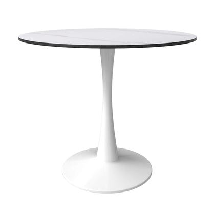 Bristol Round Dining Table for 4, 35 Sintered Stone Tabletop with White Stainless Steel Pedestal Base