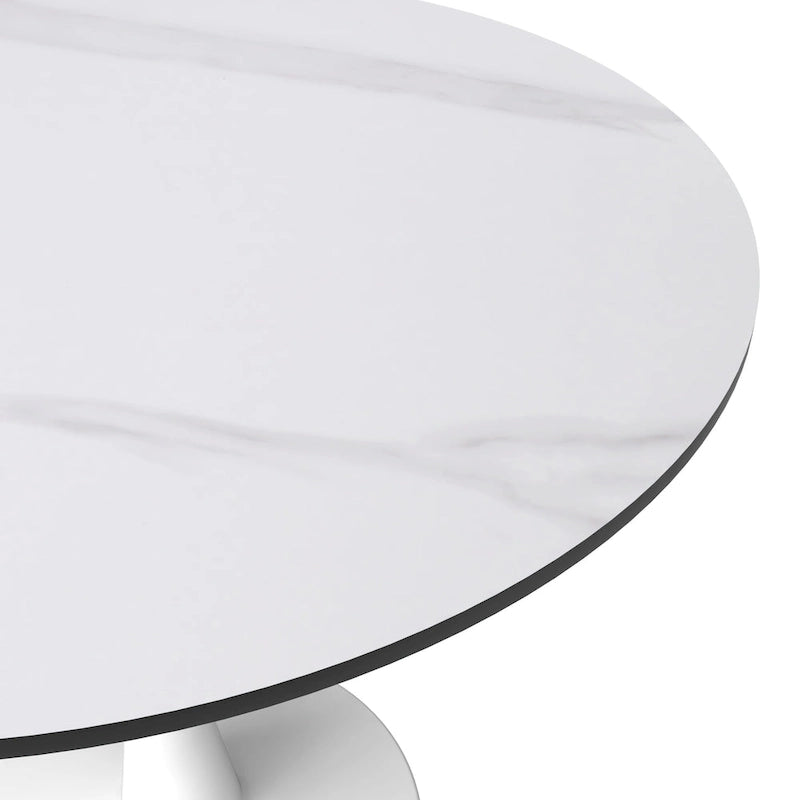 Bristol Round Dining Table for 4, 35 Sintered Stone Tabletop with White Stainless Steel Pedestal Base