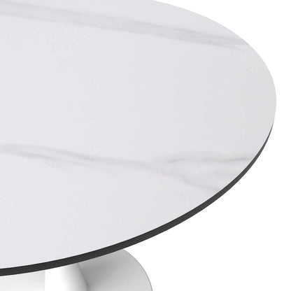 Bristol Round Dining Table for 4, 35 Sintered Stone Tabletop with White Stainless Steel Pedestal Base