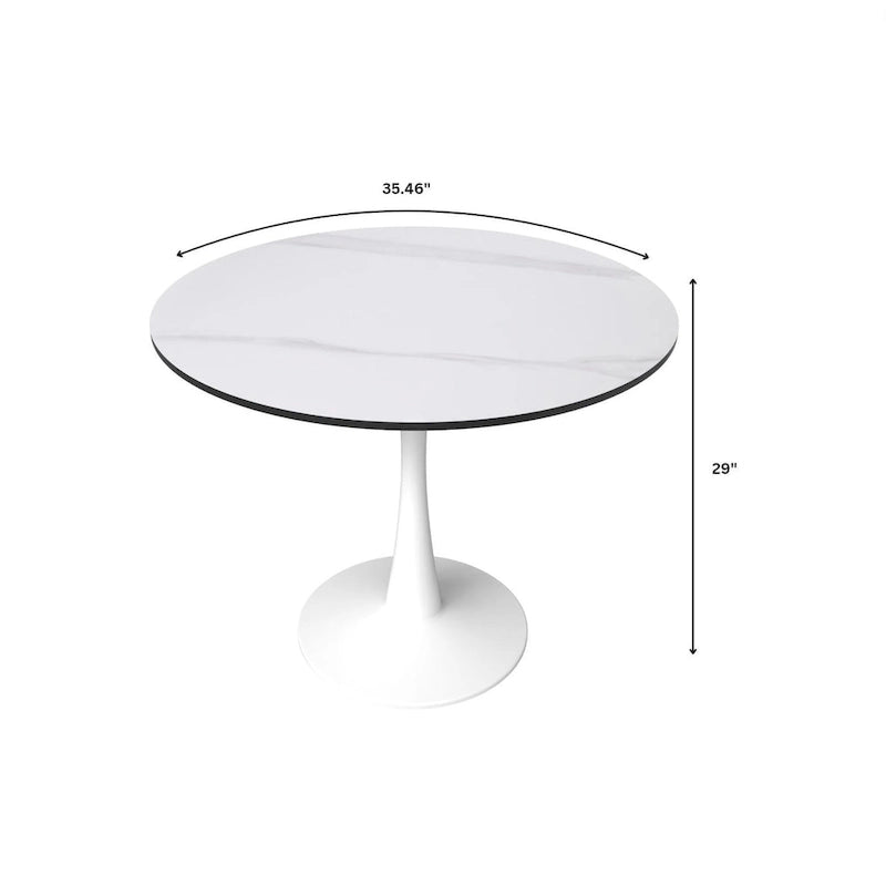 Bristol Round Dining Table for 4, 35 Sintered Stone Tabletop with White Stainless Steel Pedestal Base