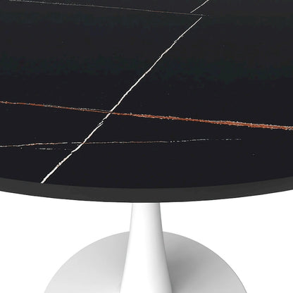 Bristol Round Dining Table for 4, 35 Sintered Stone Tabletop with White Stainless Steel Pedestal Base