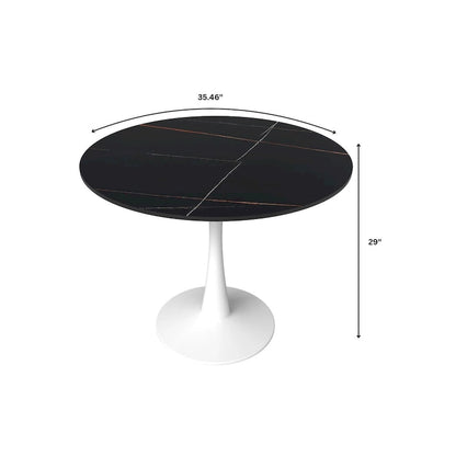 Bristol Round Dining Table for 4, 35 Sintered Stone Tabletop with White Stainless Steel Pedestal Base