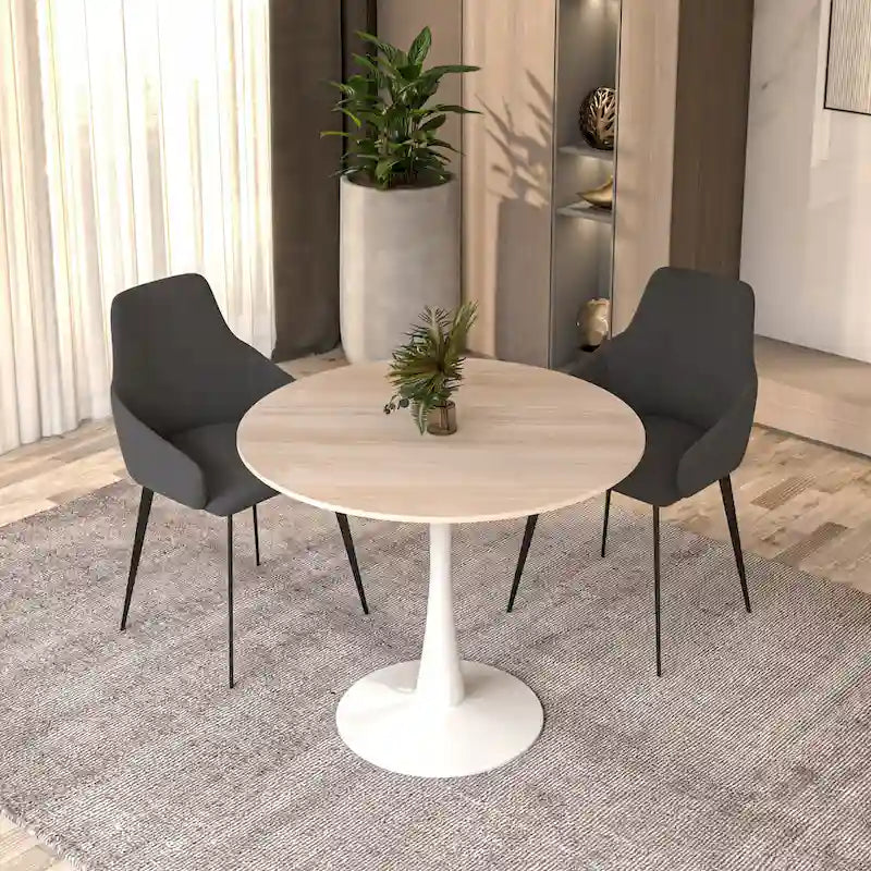 Bristol Round Dining Table for 4, 35 Sintered Stone Tabletop with White Stainless Steel Pedestal Base