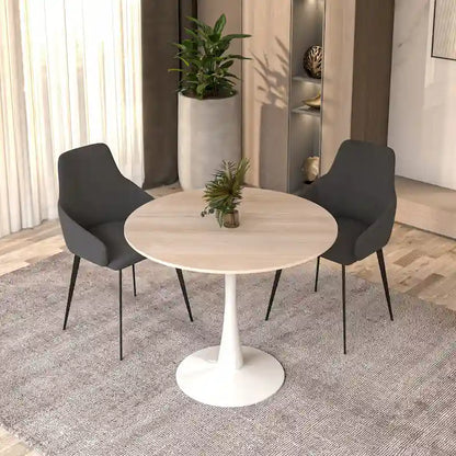 Bristol Round Dining Table for 4, 35 Sintered Stone Tabletop with White Stainless Steel Pedestal Base