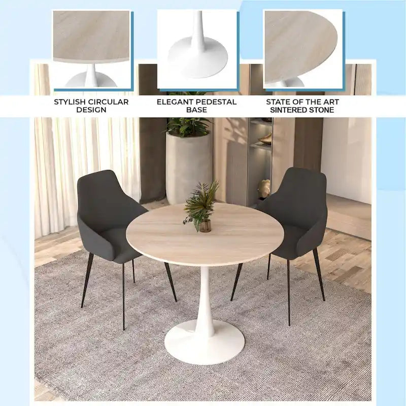 Bristol Round Dining Table for 4, 35 Sintered Stone Tabletop with White Stainless Steel Pedestal Base