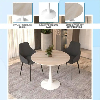 Bristol Round Dining Table for 4, 35 Sintered Stone Tabletop with White Stainless Steel Pedestal Base