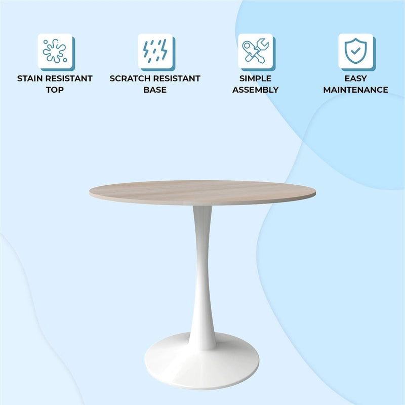 Bristol Round Dining Table for 4, 35 Sintered Stone Tabletop with White Stainless Steel Pedestal Base