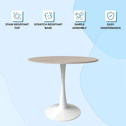 Bristol Round Dining Table for 4, 35 Sintered Stone Tabletop with White Stainless Steel Pedestal Base