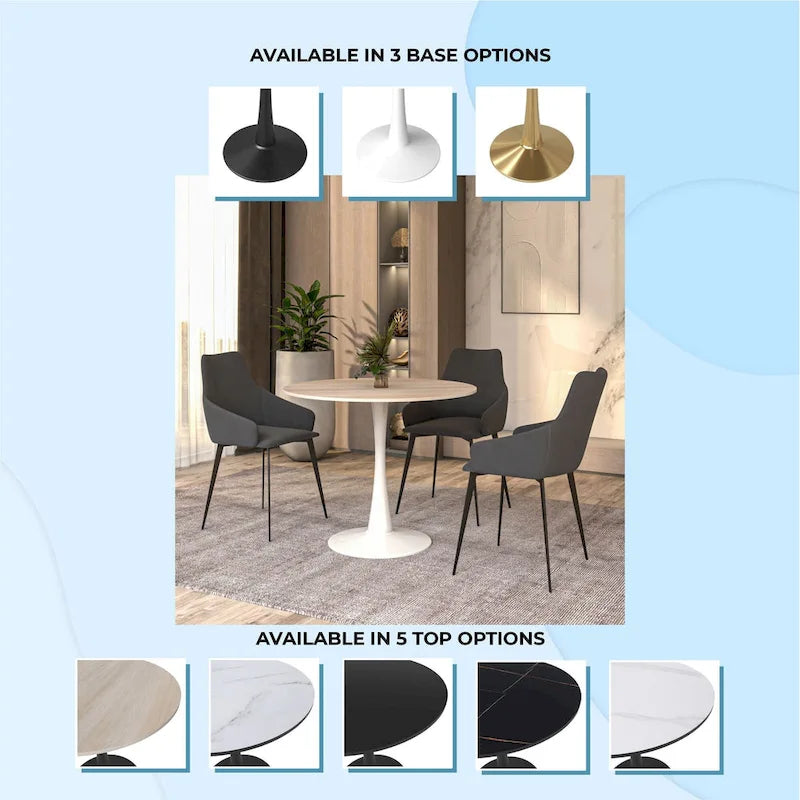 Bristol Round Dining Table for 4, 35 Sintered Stone Tabletop with White Stainless Steel Pedestal Base