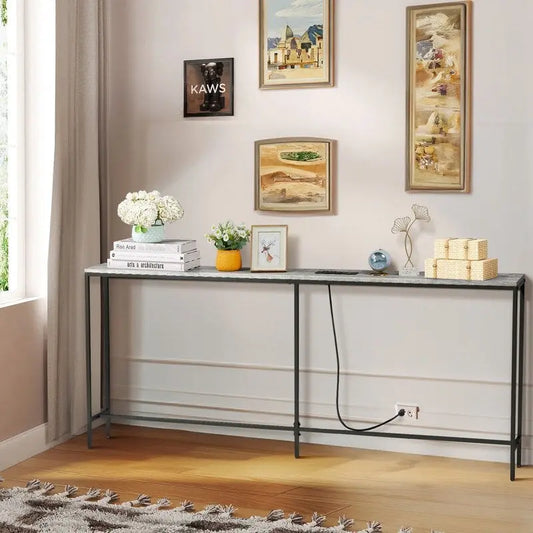 70.9 inch Console Table with 2 Power Outlets and USB Ports, Narrow Entryway Table Sofa Table for Living Room