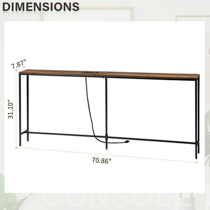 70.9 inch Console Table with 2 Power Outlets and USB Ports, Narrow Entryway Table Sofa Table for Living Room