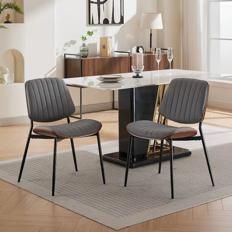 Retro Linen Dining Chairs Set of 2, Bentwood Back with Metal Legs
